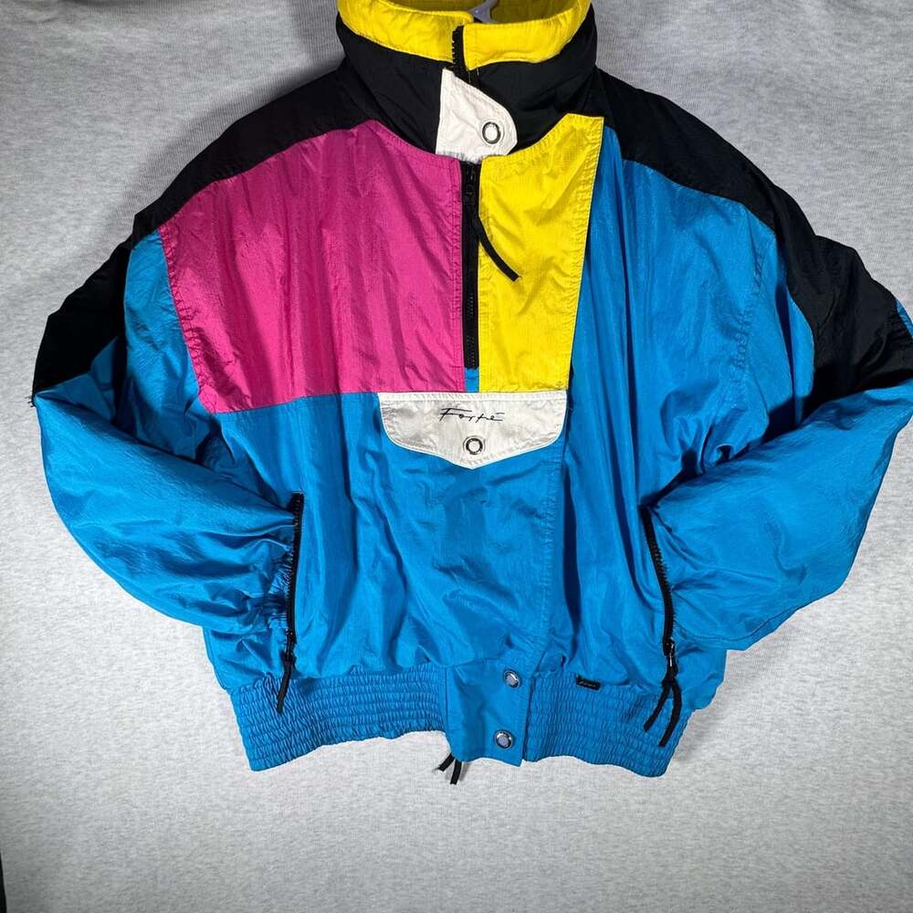 Vintage Forte Color Block Ski Jacket Windbreaker Neon Blue Pink Yellow L